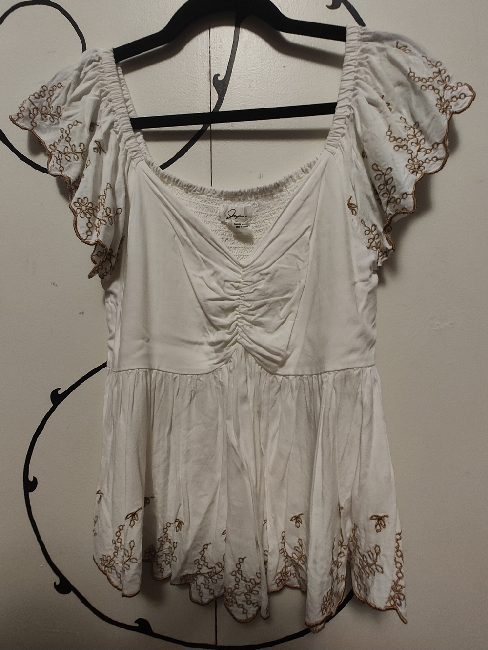 White Short Sleeved Blouse with Tan Detailing